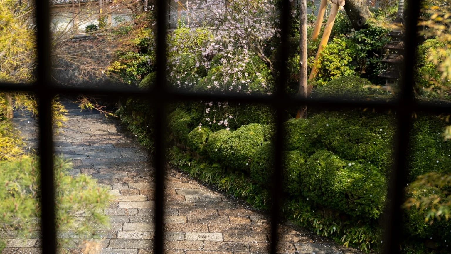 窓の下には川のうねりを表した石畳。浮船から対岸の山桜を眺めるような趣があります。